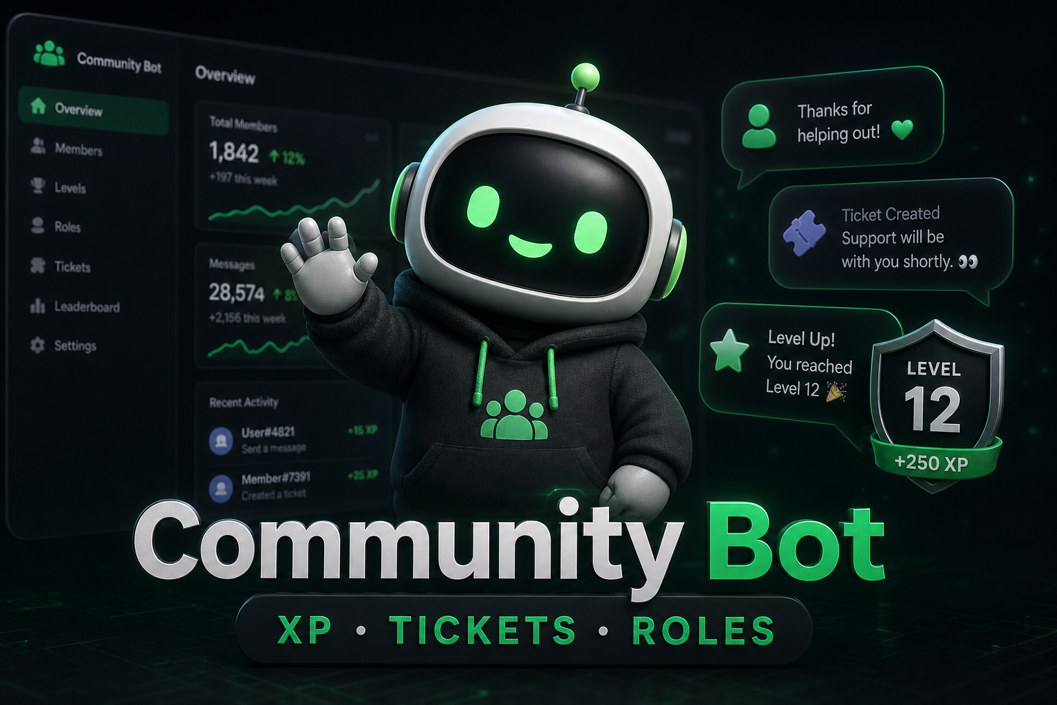 Community Bot — בוט קהילה מתקדם עם XP, תפקידים, טיקטים, אימות והגרלות — מושלם לשרתי דיסקורד פעילים.