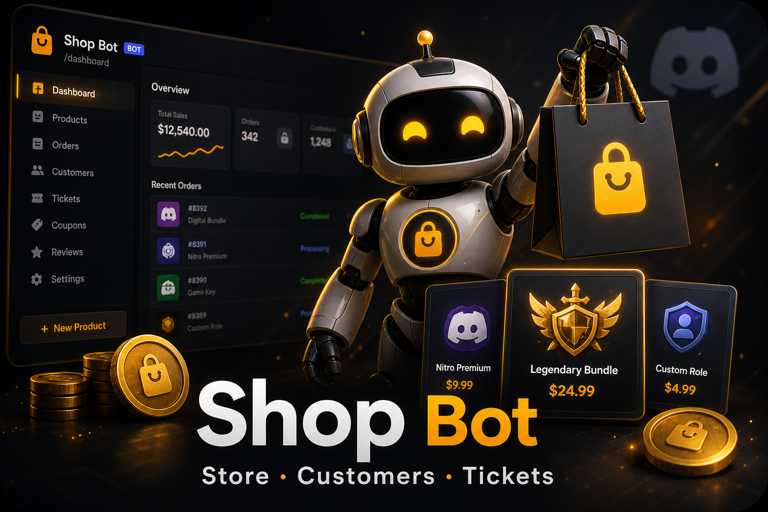 Shop Bot — חנות דיסקורד מלאה — מוצרים, טיקטים, אימות, XP, לקוחות והגרלות בבוט אחד.