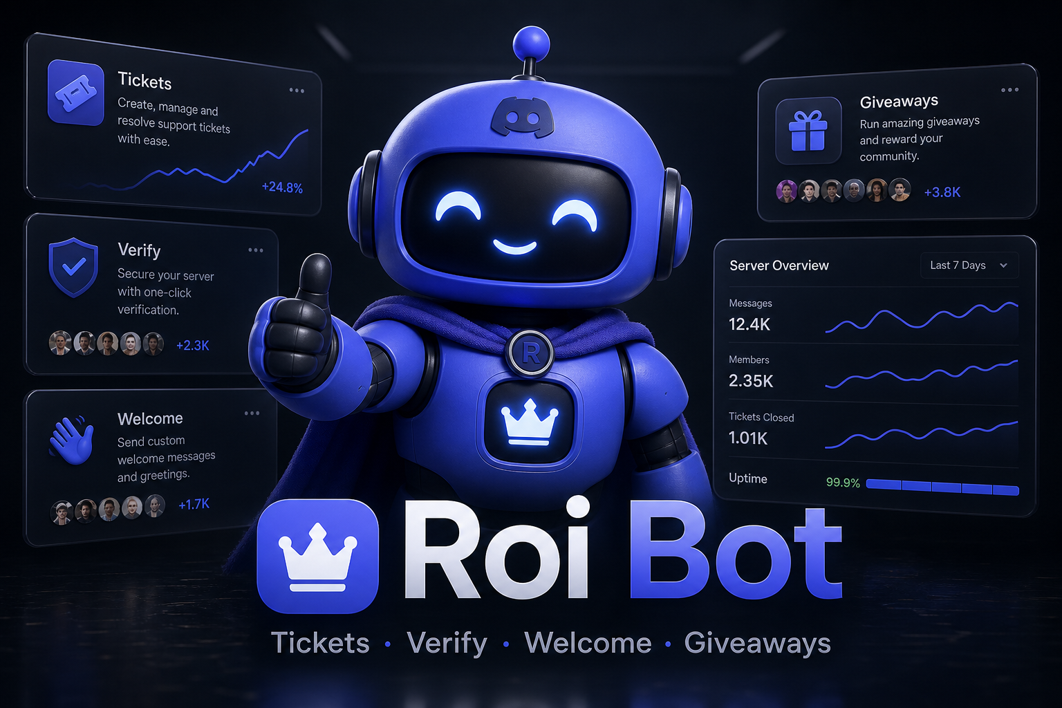 Roi Bot — בוט קהילה מלא — טיקטים, אימות, ברוכים הבאים, הזמנות, רשימת קונים, הגרלות, בוסט ושבת.
